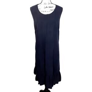 Vintage Mosaic 100% Linen Midi Dress Ruffle Hem Minimal Lagenlook Navy Blue XL